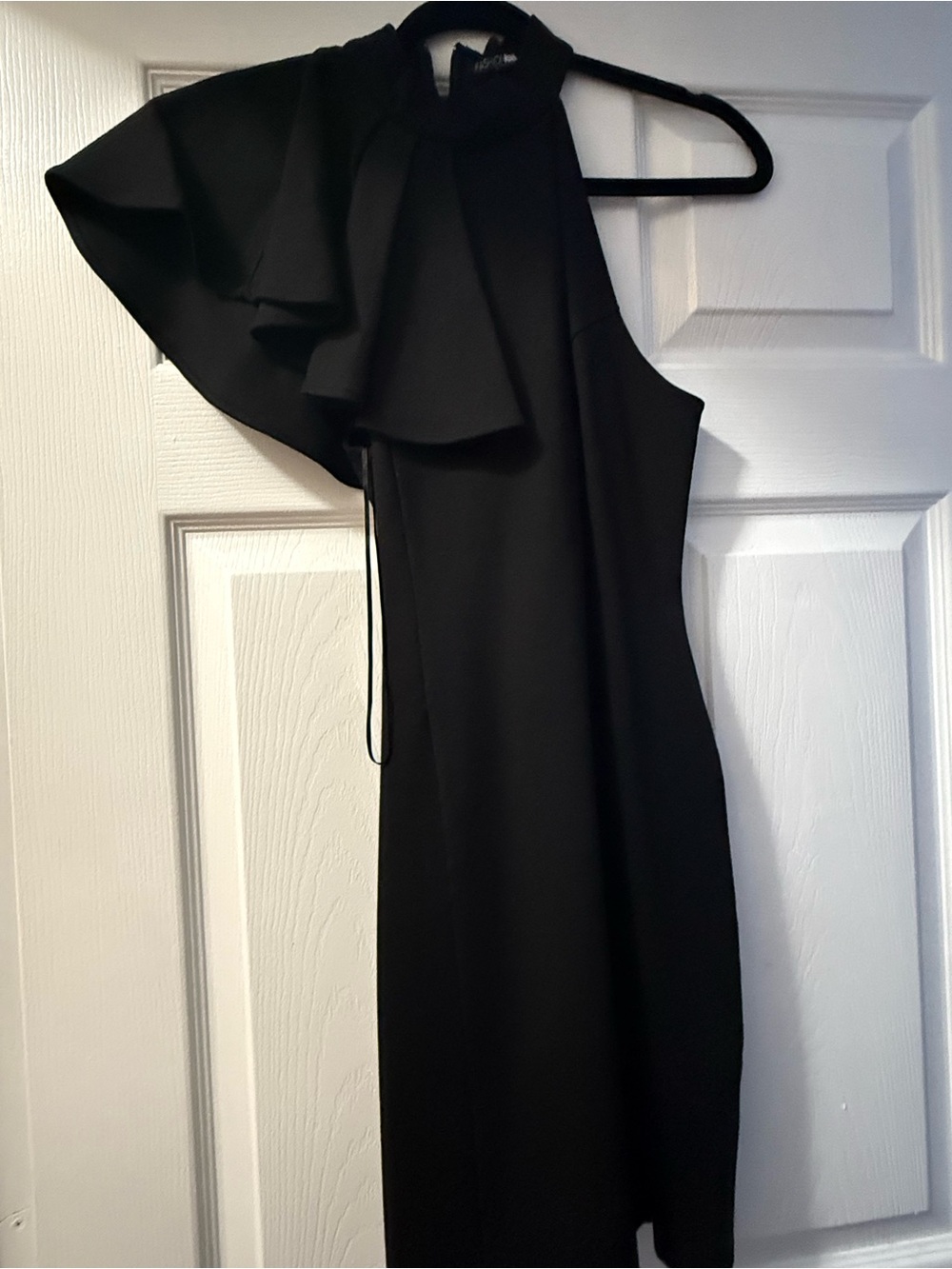 Fashion Nova One-Shoulder Black Ruffle Midi Dress